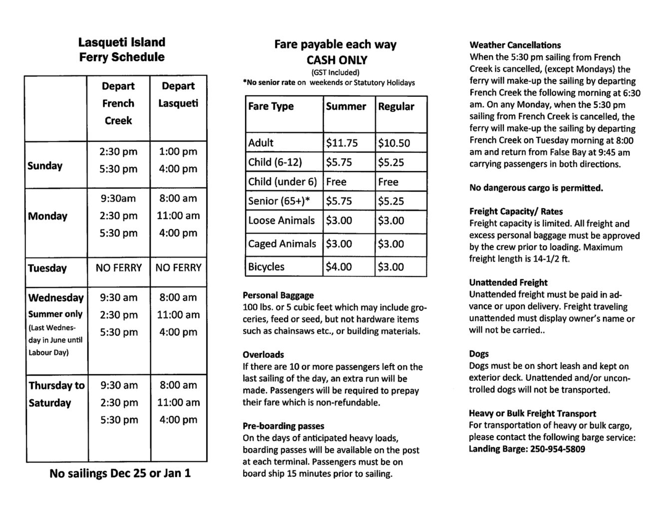 Lasqueti Ferry schedule
